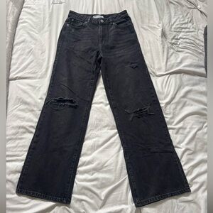 Black Distressed Wide-Leg Jeans